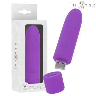 Lila USB-Vibrator mit abnehmbarer Kappe, neben Verpackung mit Sichtfenster, Marke "Intense".