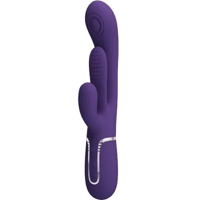 Lila Vibrator mit zwei Armen und strukturierten Oberflächen, silberne Akzente und Bedienelemente am Griff.