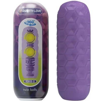 Purple, cylindrical product with a hexagonal pattern; packaging shows "Pretty Love" and "Venus-X Twin Balls".