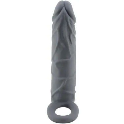 Grauer, strukturierter Dildo mit Ring am Ende, aufrecht stehend vor weißem Hintergrund.