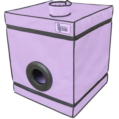 Lila Würfel mit schwarzem Rand und Öffnungen, beschriftet mit "Secret Dome".