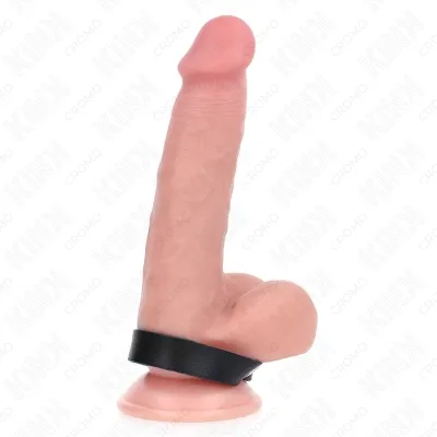 A pink dildo with a suction cup and black ring, photographed from the side.
