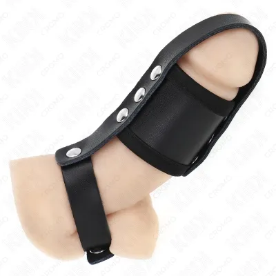 Leather penis cage ring with adjustable coated squat divider strap – Kink