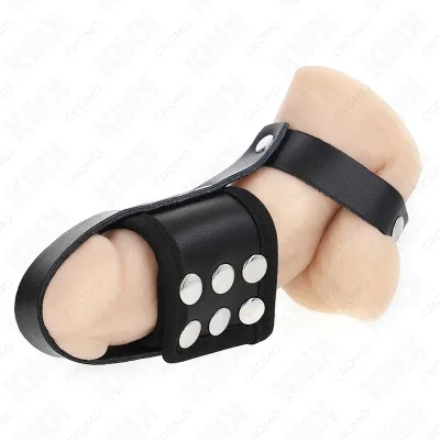 Leather penis cage ring with adjustable coated squat divider strap – Kink