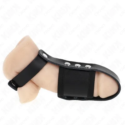 Black leather bracelet with snap fasteners on a model's arm against a white background.