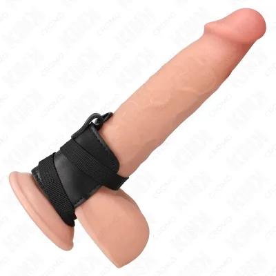 A dildo with a black strap around the base, on a white background.