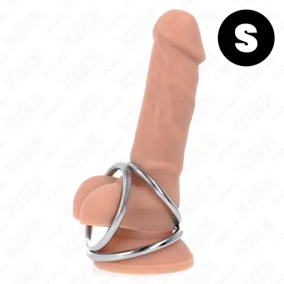 Silicone dildo with two metal rings, size S, on a white background.