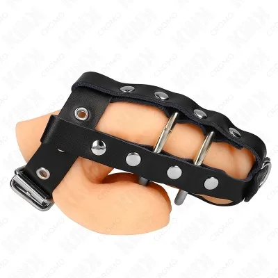 Black leather bracelet with buckles and rivets, wrapped around a hand.