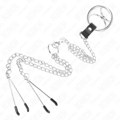 Triple Chrome Metal Penis Ring 3cm to 4.5cm with 26cm Metal Chain and Breast Clamps – Kink