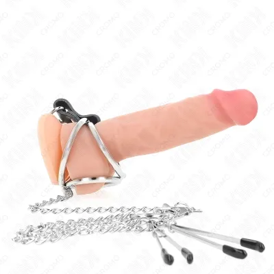 Triple Chrome Metal Penis Ring 3cm to 4.5cm with 26cm Metal Chain and Breast Clamps – Kink