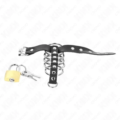 Leather penis ring with closure strap, 21 x 2 cm, and 5 metal rings ranging from 3 cm to 4 cm – Kink