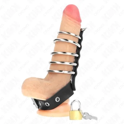 Leather penis ring with closure strap, 21 x 2 cm, and 5 metal rings ranging from 3 cm to 4 cm – Kink