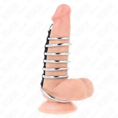 A dildo with metal rings and suction cup, photographed from the side, on a white background.