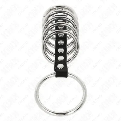 7 Metal Penis Rings, 3.2cm to 5cm, Connected by Leather – Kink