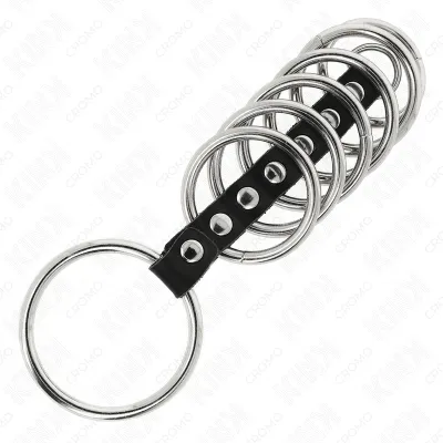 7 Metal Penis Rings, 3.2cm to 5cm, Connected by Leather – Kink