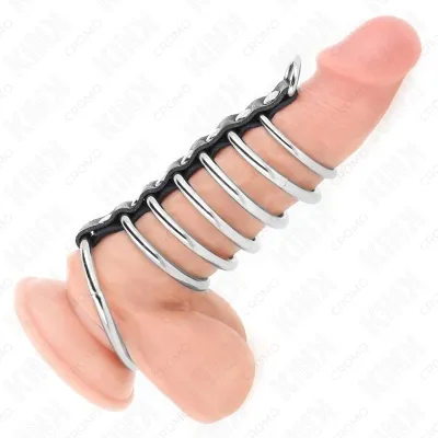 7 Metal Penis Rings, 3.2cm to 5cm, Connected by Leather – Kink