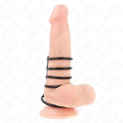 Ein Dildo mit Saugnapf und mehreren schwarzen Ringen um den Schaft, vor weißem Hintergrund.