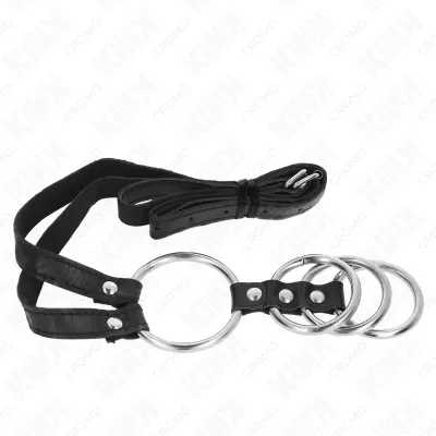 4 Verbundene Penisringe Aus Metall 3.8cm Bis 5cm Mit Ledergurte 112cm – Kink