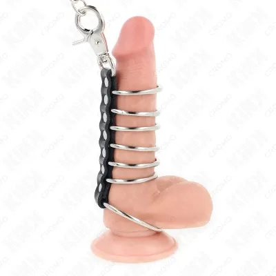 7 Penisringe Aus Metall 3.8cm Bis 5cm Verbunden Mit Leder Und Metallkette 100cm – Kink