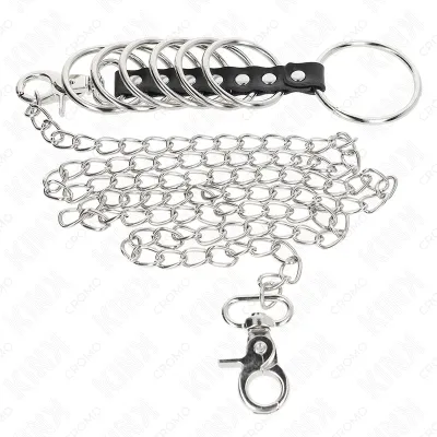 7 Penisringe Aus Metall 3.8cm Bis 5cm Verbunden Mit Leder Und Metallkette 100cm – Kink