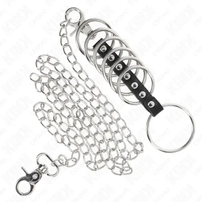 7 Penisringe Aus Metall 3.8cm Bis 5cm Verbunden Mit Leder Und Metallkette 100cm – Kink