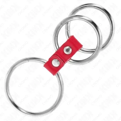 Triple Metal Penis Ring 3.7cm to 5cm Connected with Red Leather – Kink