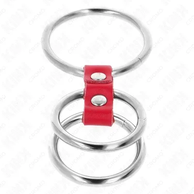 Triple Metal Penis Ring 3.7cm to 5cm Connected with Red Leather – Kink