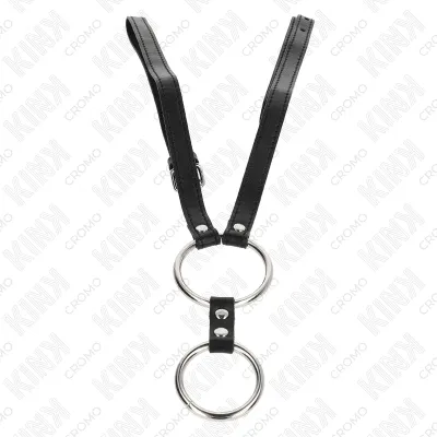 Double metal penis ring, 3.8cm to 5cm, with leather straps, 112cm – Kink
