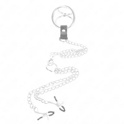 Triple Chrome Metal Penis Ring 3.8cm to 5cm with 26cm Metal Chain and Nipple Clamps Model 1 – Kink