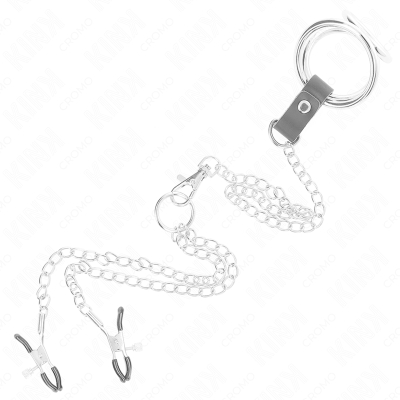 KINK - DREIFACH CHROM METALL PENISRING 3 CM BIS 4,5 CM MIT 26 CM METALLKETTE UND BRUSTKLAMMERN