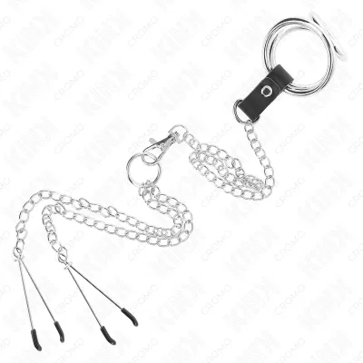 Triple Chrome Metal Penis Ring 3.8cm to 5cm with 26cm Metal Chain and Nipple Clamps Model 2 – Kink
