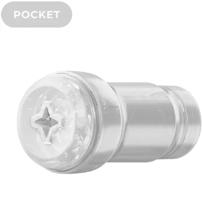 Transparenter, zylindrischer Behälter mit Schraubverschluss, beschriftet mit "Pocket" oben links.