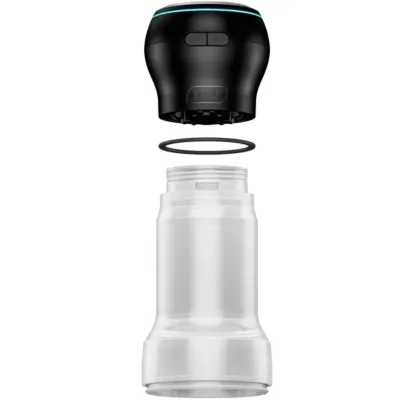 Black device with removable lid, seal and transparent container, on a white background.