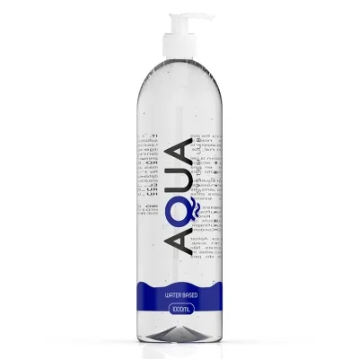 Transparent bottle with pump dispenser, labelled "AQUA", 1000 ml, water-based.