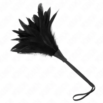 Black feather duster with long handle and wrist strap on a white background.