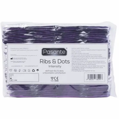 Pack of 144 Pasante Ribs & Dots condoms, purple, with ribbed and dotted textures for an intense experience.