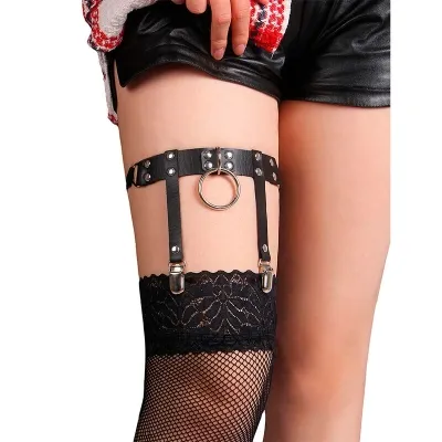Thighs with black leather garter belt and fishnet stockings.