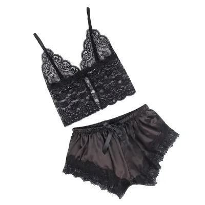 Lässige Seidennachthemd + Spitzenhose Schwarz S/M – Subblime