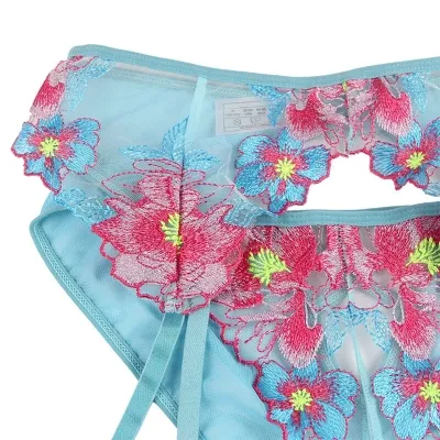 Bra + Panties with Garter Belt, Floral Design, Blue, L/XL – Subblime