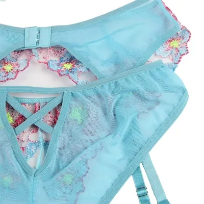 Bra + Panties with Garter Belt, Floral Design, Blue, L/XL – Subblime
