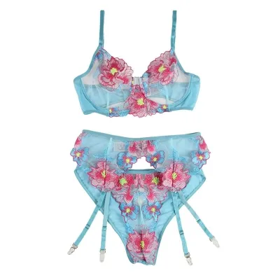 Bra + Panties with Garter Belt, Floral Design, Blue, L/XL – Subblime