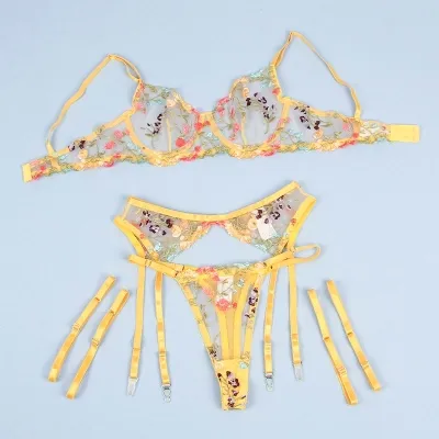 Bh + String + Strumpfgürtel Blumendesign Gelb S/M – Subblime