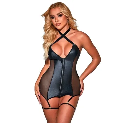 Woman in black, figure-hugging lingerie with zipper and straps, posing in front of a white background.