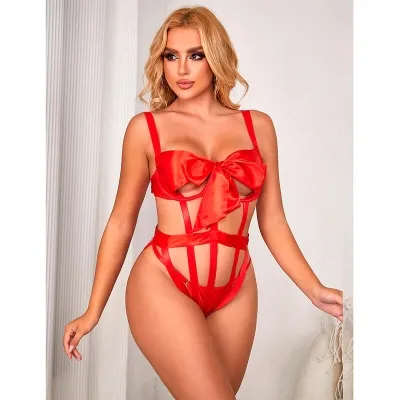Sexy Sheer Bodysuit with Bow, Red, L/XL – Subblime