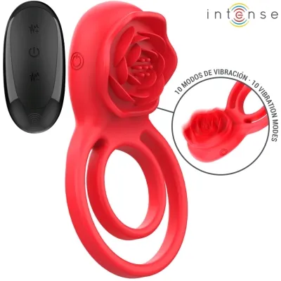 Roter Vibrationsring mit Rosenmotiv und Fernbedienung, 10 Vibrationsmodi, Marke "Intense".