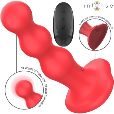 Red, vibrating anal plug with remote control and suction cup, 10 vibration modes, brand "Intense".
