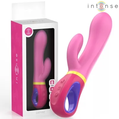 Pink vibrator with packaging, yellow ring, blue opening, controls visible, brand "intense".
