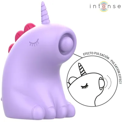 Purple unicorn toy with red comb and pulsation effect diagram, "intense" logo in the upper right corner.
