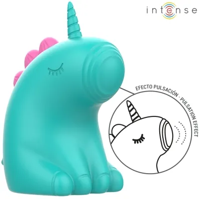 Türkises Einhorn-Spielzeug mit Pulsationseffekt, rosa Mähne und geschlossenem Auge, Logo "intense" oben rechts.