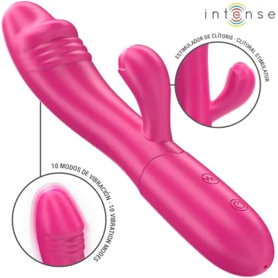 Rosa Vibrator mit Klitorisstimulator und 10 Vibrationsmodi, Markenname "intense".